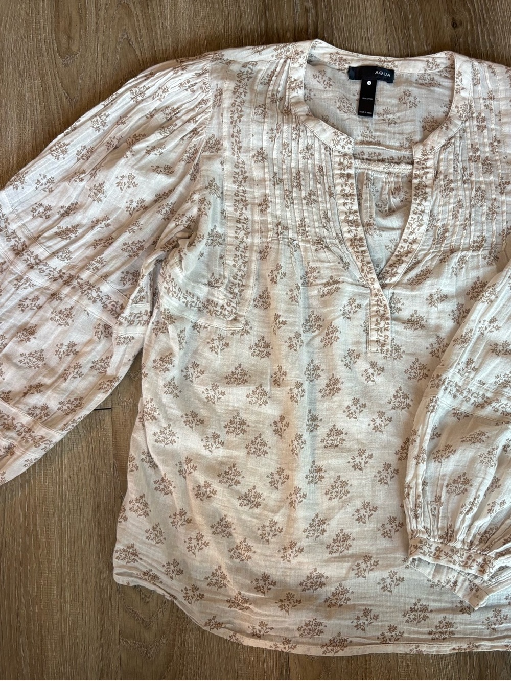Aqua Cream Floral Pintuck Peasant Blouse